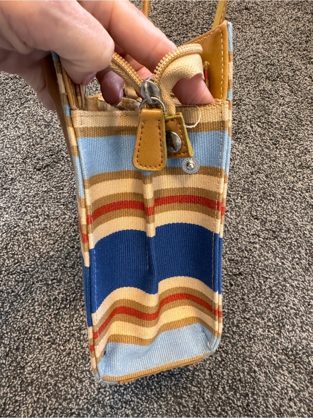Striped Small Canvas Shoulder Bag Blue Tan Rust Minor Wear Faux Leather Strap - Picture 15 of 16
